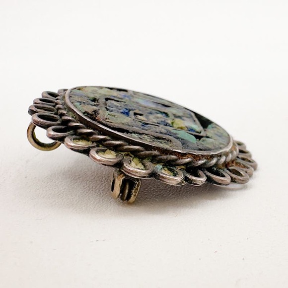 Vintage Taxco EVM Sterling Silver Brooch Pendant Crushed Turquoise Inlay c 1940s - Picture 9 of 13